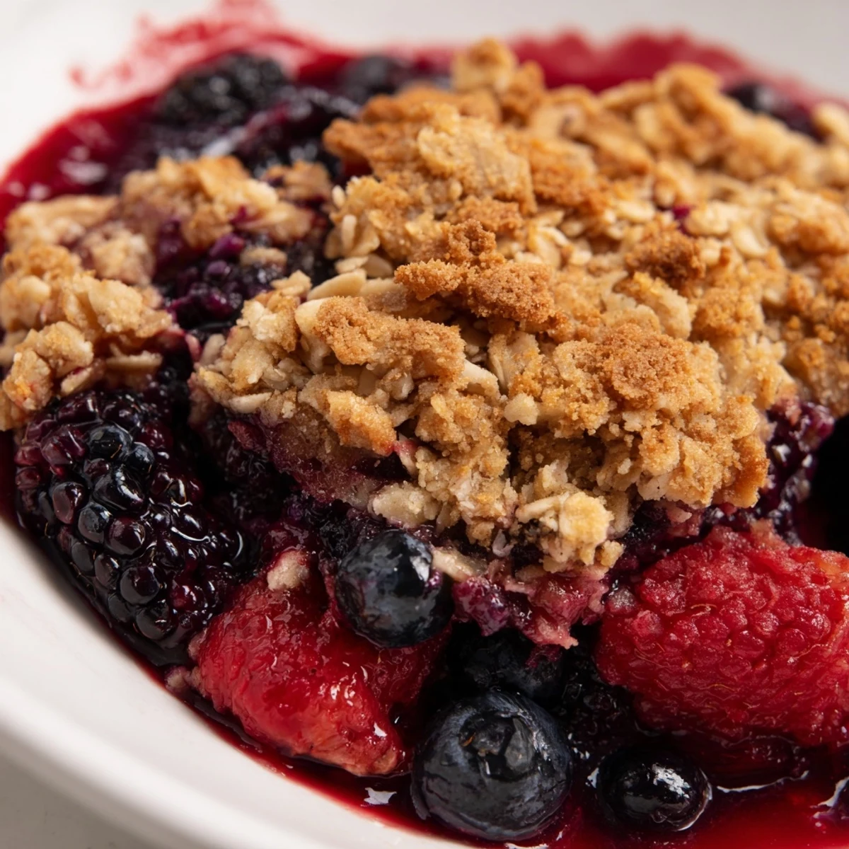 Golden-brown Winter Berry Crumble with oat topping bubbling in a ceramic dish, ready to serve.