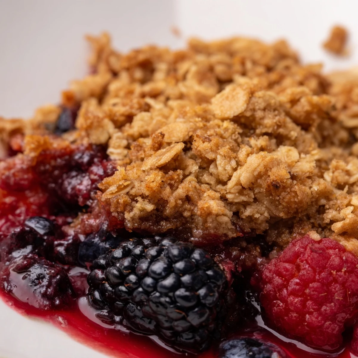 A spoonful of warm Winter Berry Crumble lifted from the baking dish, revealing juicy berry filling.
