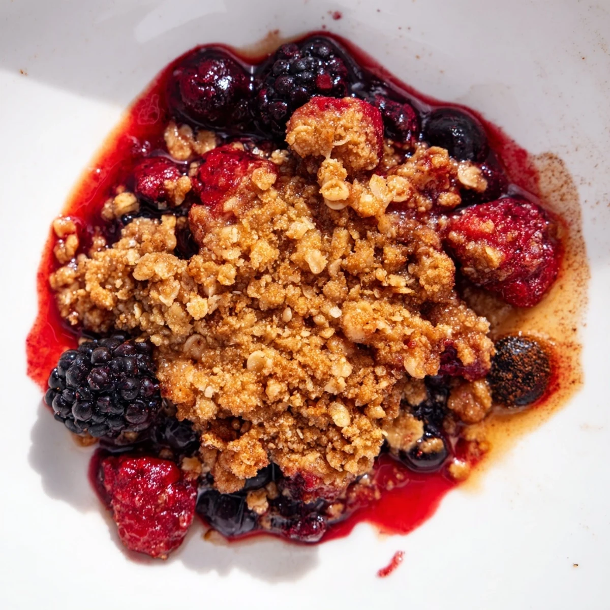 Fresh winter berries and a scoop of vanilla ice cream beside a baked Winter Berry Crumble.