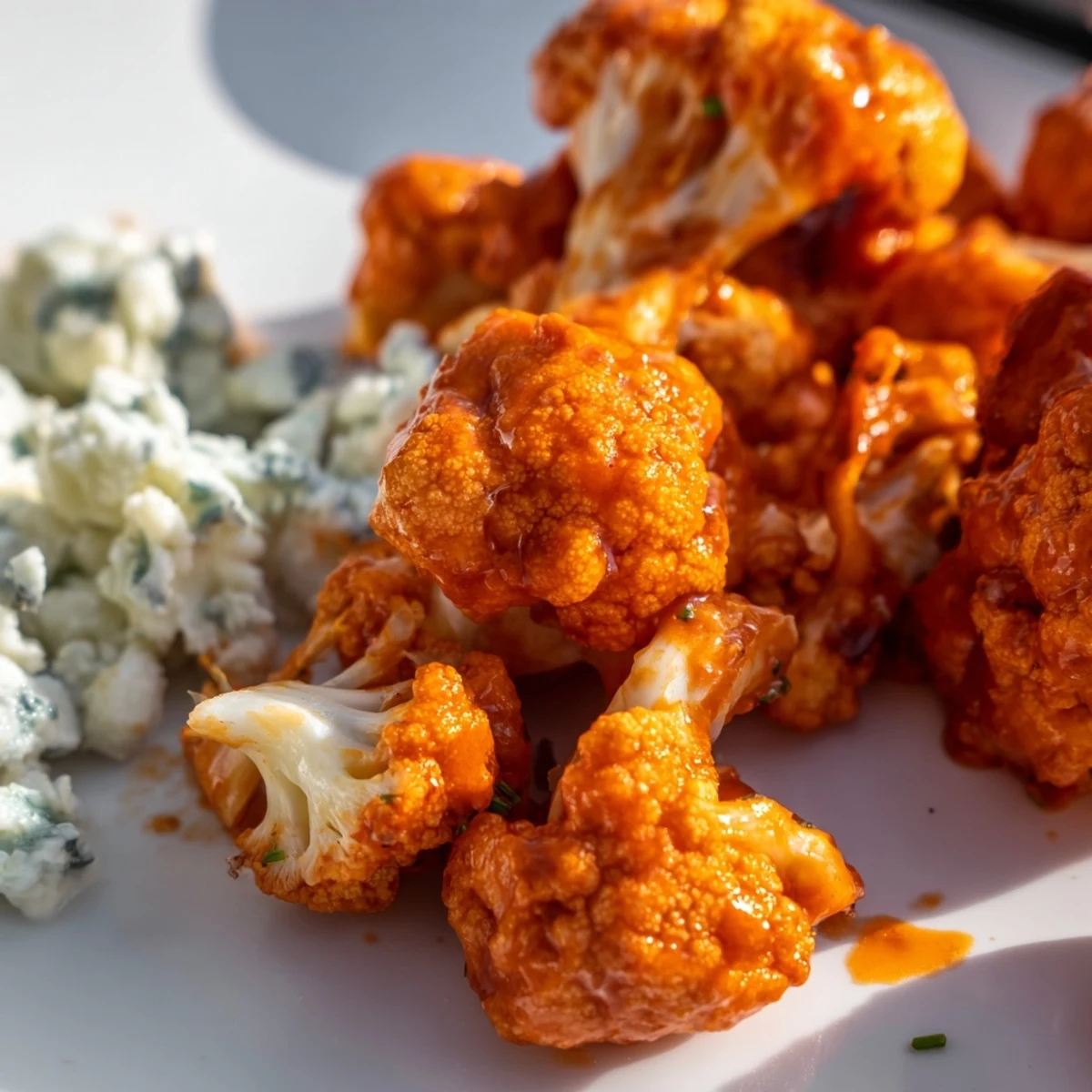 Golden-brown Spicy Buffalo Cauliflower Bites with Blue Cheese dip are arranged on a platter, perfect for a game day snack.