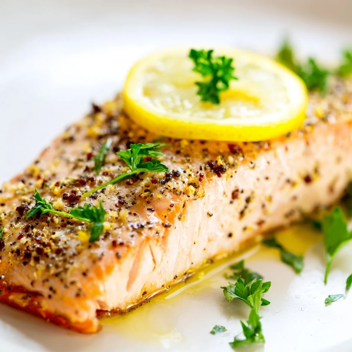 Freshly baked salmon fillets with lemon pepper seasoning, topped with bright lemon slices and green parsley on a baking sheet.