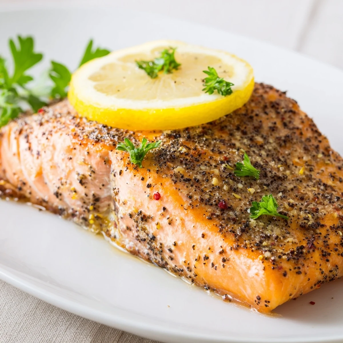 Golden-baked salmon with lemon pepper seasoning, garnished with lemon slices and parsley, perfect for an easy weeknight meal.