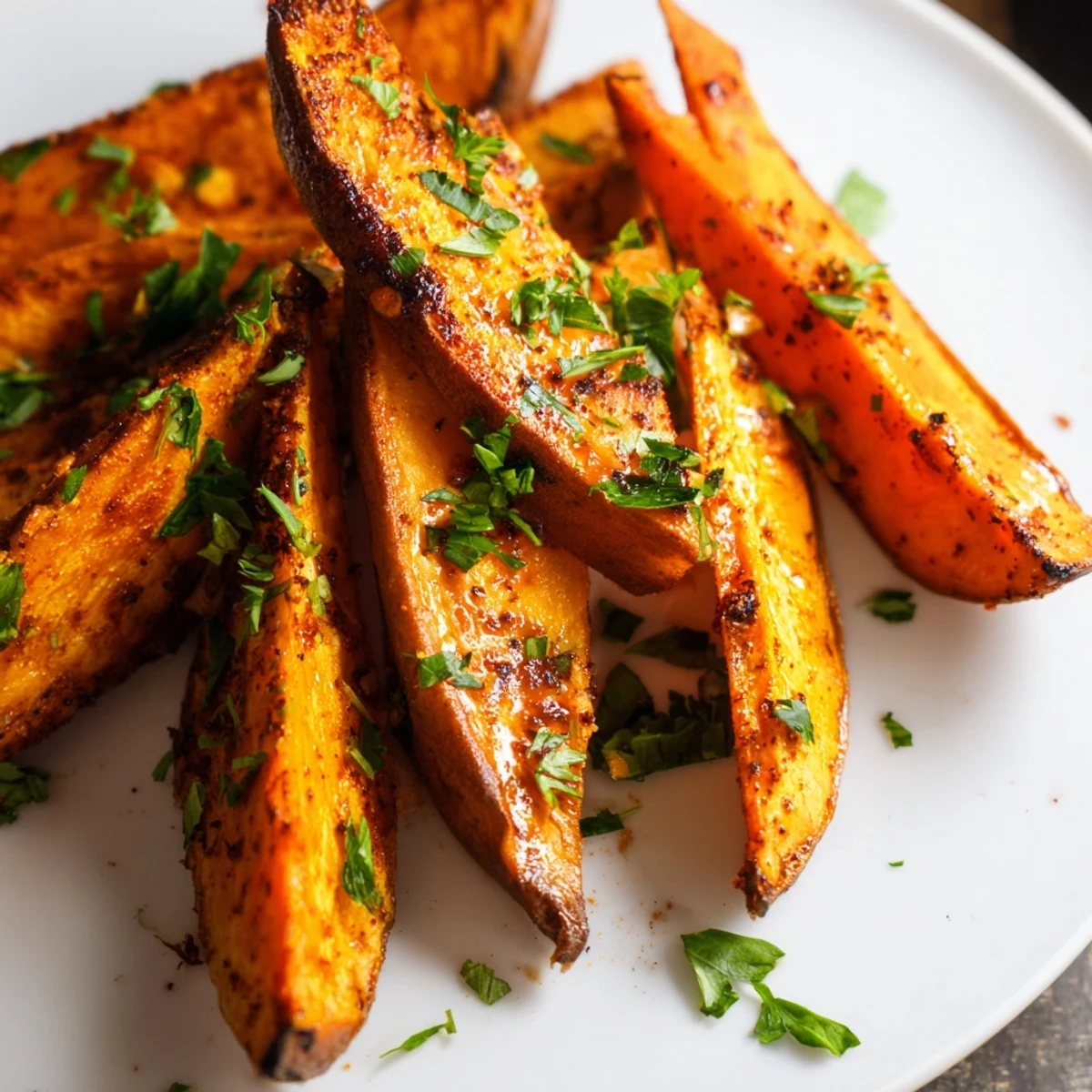 A close-up of Baked Sweet Potato Wedges with Paprika shows golden-brown wedges garnished with fresh parsley on a rustic wooden platter.