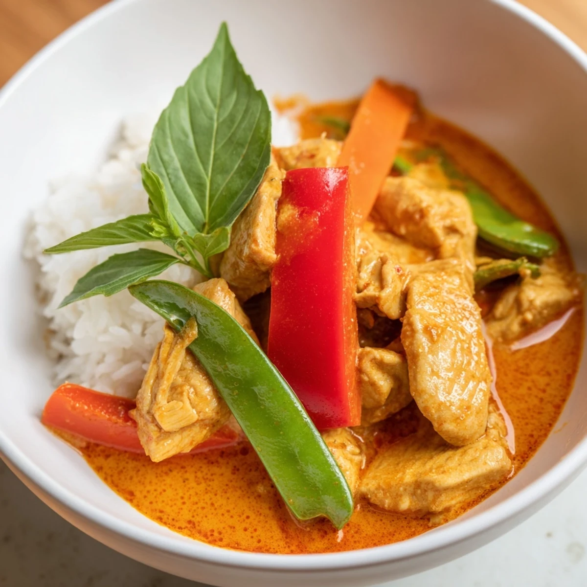 Spicy Thai Red Curry with Chicken and Veg steams invitingly, garnished with fresh cilantro and lime wedges for a zesty finish.