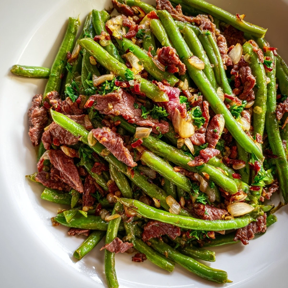 Fresh green beans, crispy bacon, and tender beef strips in a bright lemon-garlic sauce, garnished with parsley.