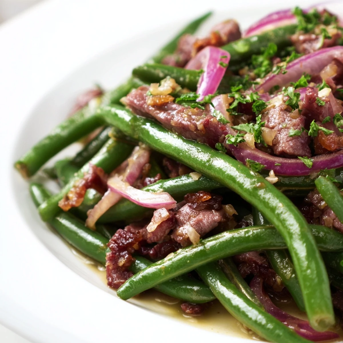 Vivid close-up of sautéed Lemon Garlic Green Beans with Bacon Beef showing rich, glossy sauce and seared meat.