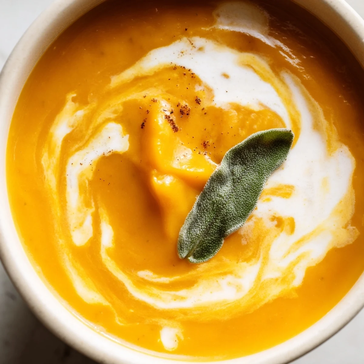 Butternut Squash and Apple Soup with Sage in a white bowl, garnished with fresh sage leaves and a swirl of cream.