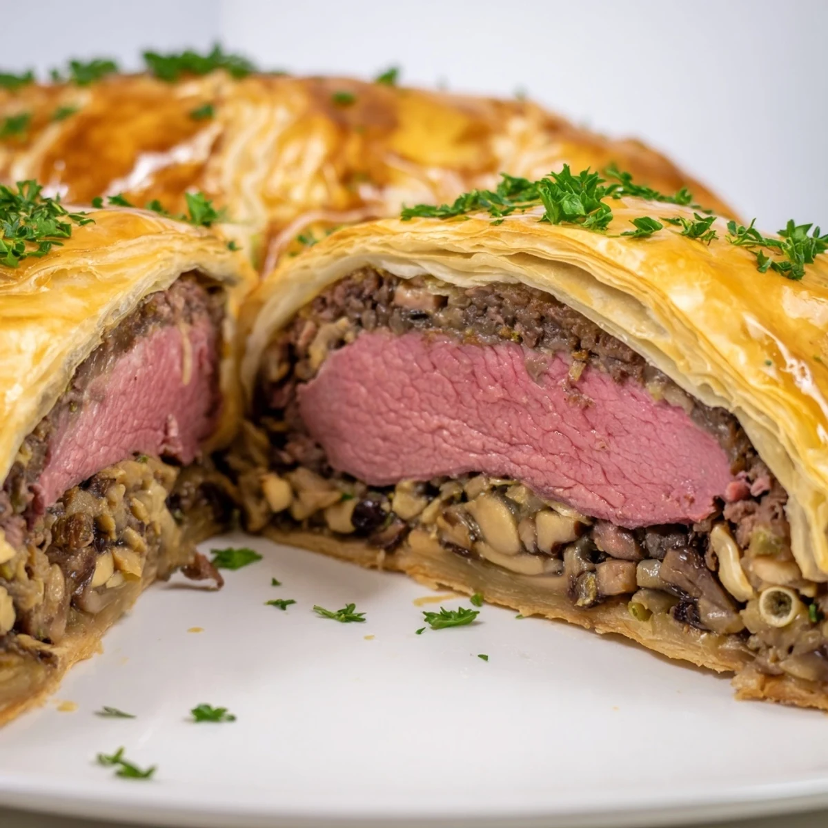 Golden, flaky Beef Wellington with Puff Pastry, sliced to reveal tender pink-centered beef and rich mushroom duxelles.