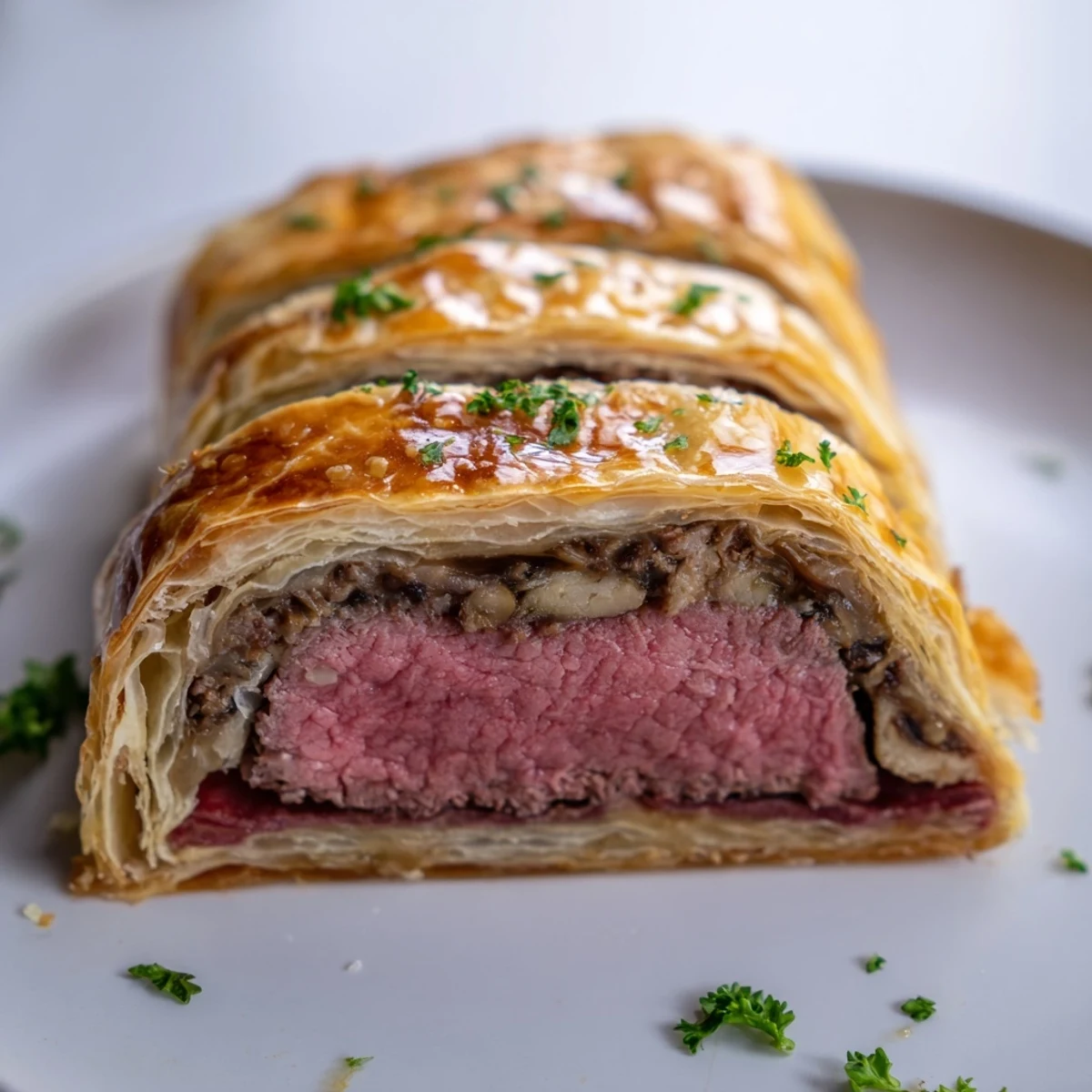 Perfectly sliced Beef Wellington with Puff Pastry, served warm with fresh thyme and red wine sauce alongside.