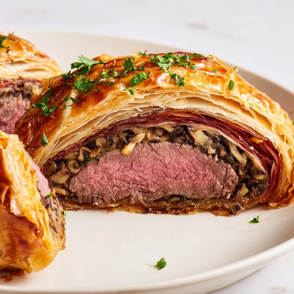 Juicy beef fillet in golden Beef Wellington with Puff Pastry, arranged on a rustic wooden board with garnish.