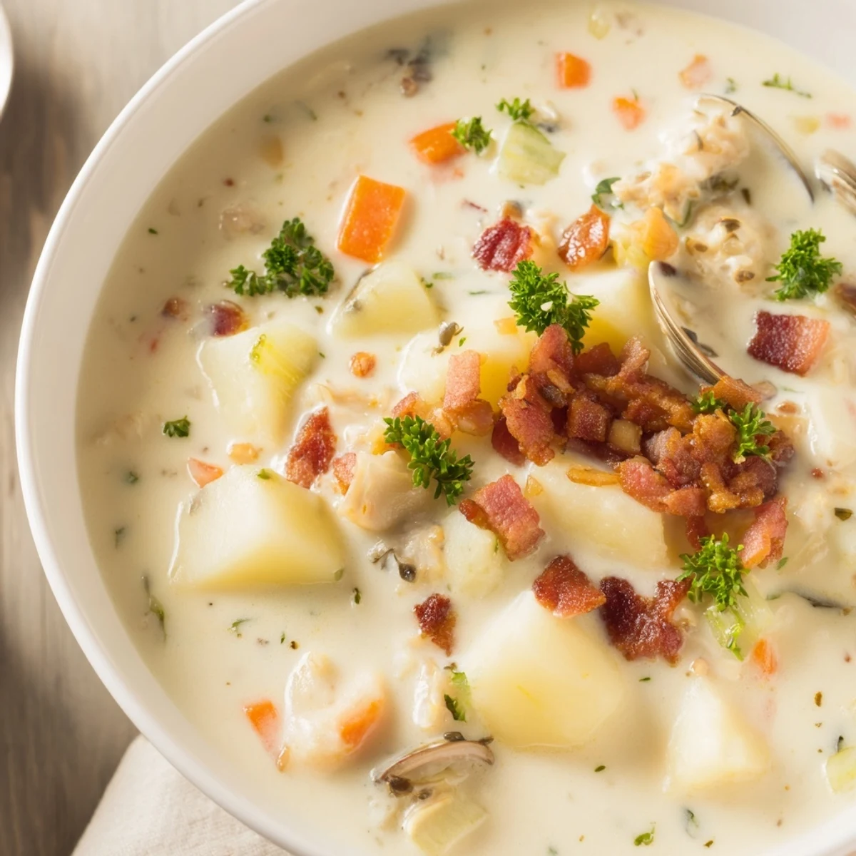 Creamy Clam Chowder with Potatoes served hot in a rustic bowl, garnished with fresh parsley and crisp bacon crumbles for a comforting New England-style meal.