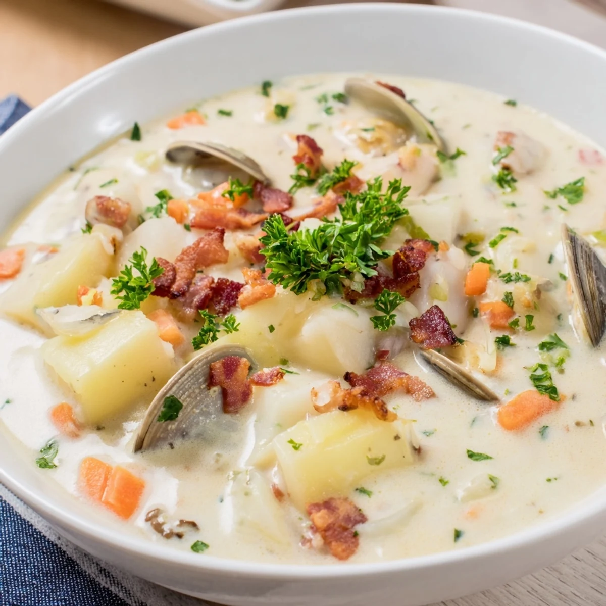 Hearty Creamy Clam Chowder with Potatoes simmering in a pot, featuring a velvety broth with carrots, celery, and fresh clams for a cozy dinner.