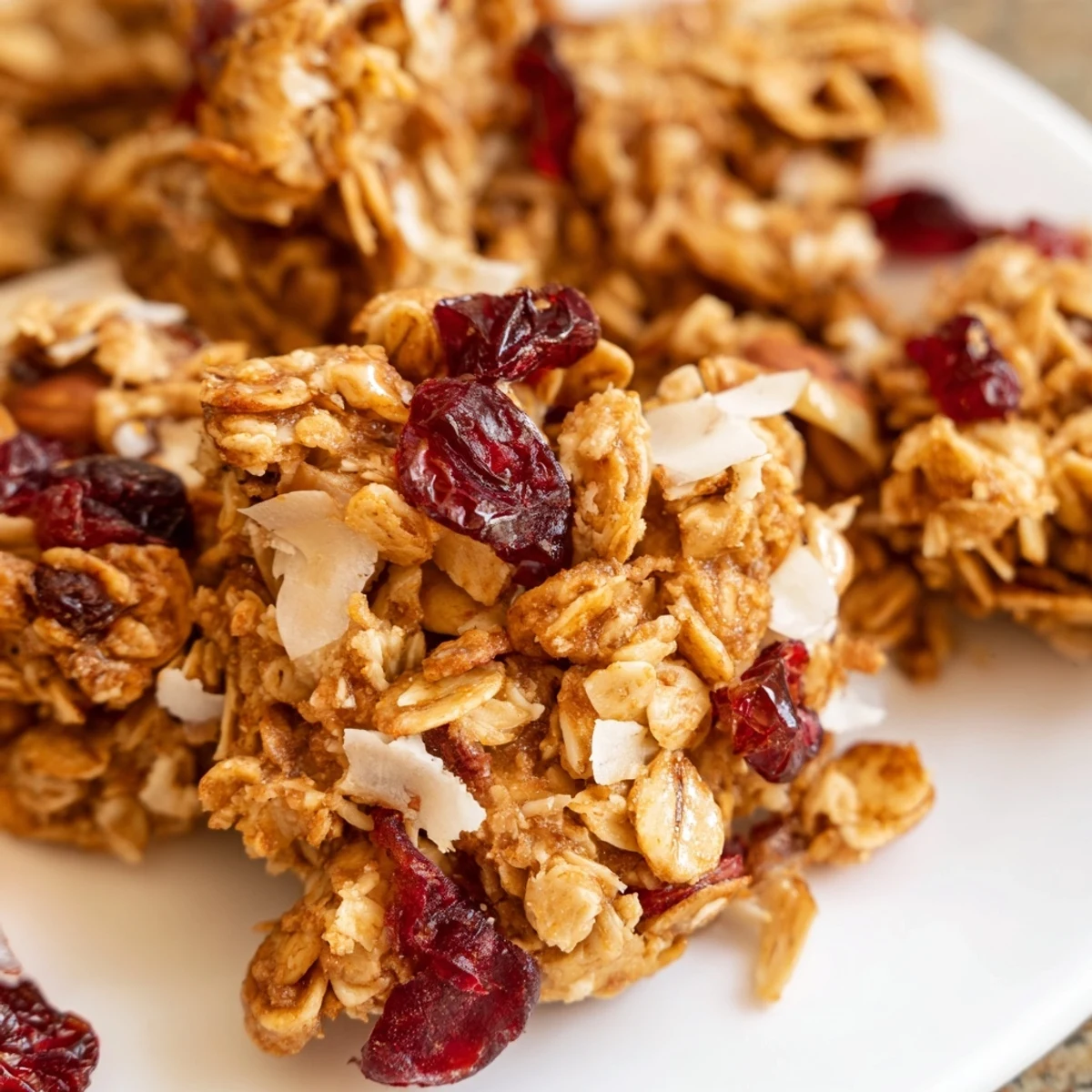 Golden, crunchy Cranberry Almond Granola Clusters with oats and almonds, ready for snacking or yogurt topping.