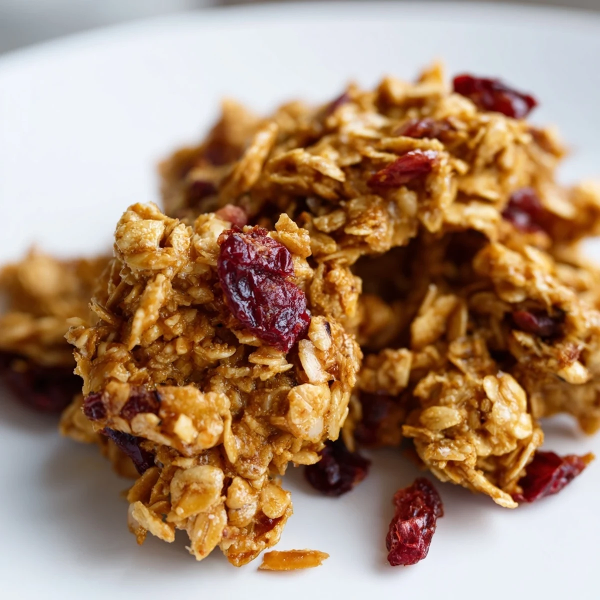 Freshly baked Cranberry Almond Granola Clusters studded with tart cranberries and coconut, served in a bowl.