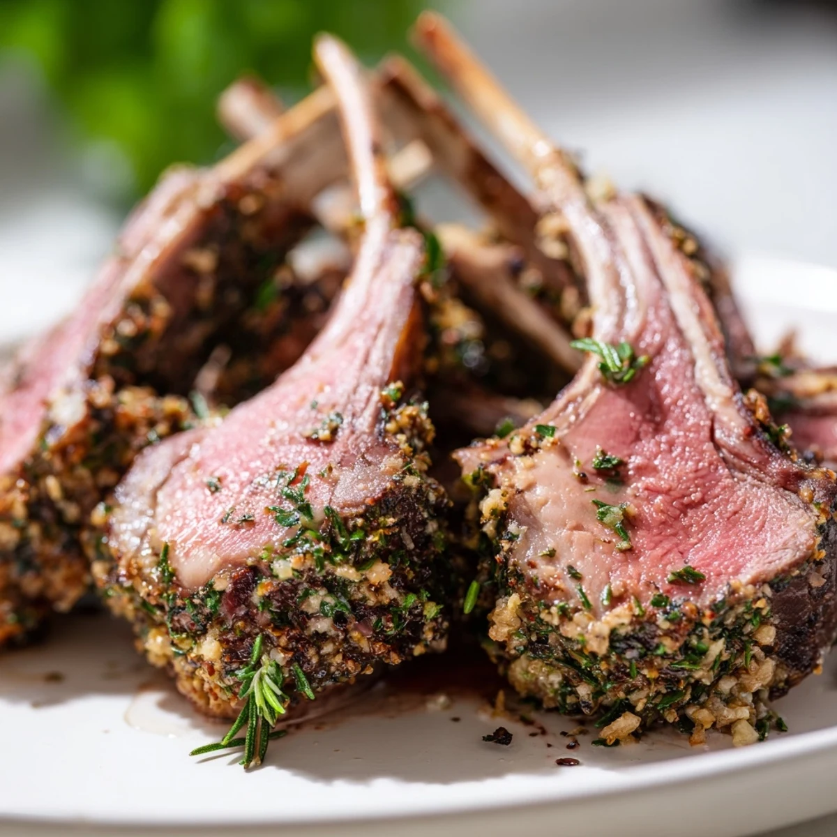 Golden-brown Herb Crusted Rack of Lamb with fresh rosemary and thyme on a rustic wooden board.