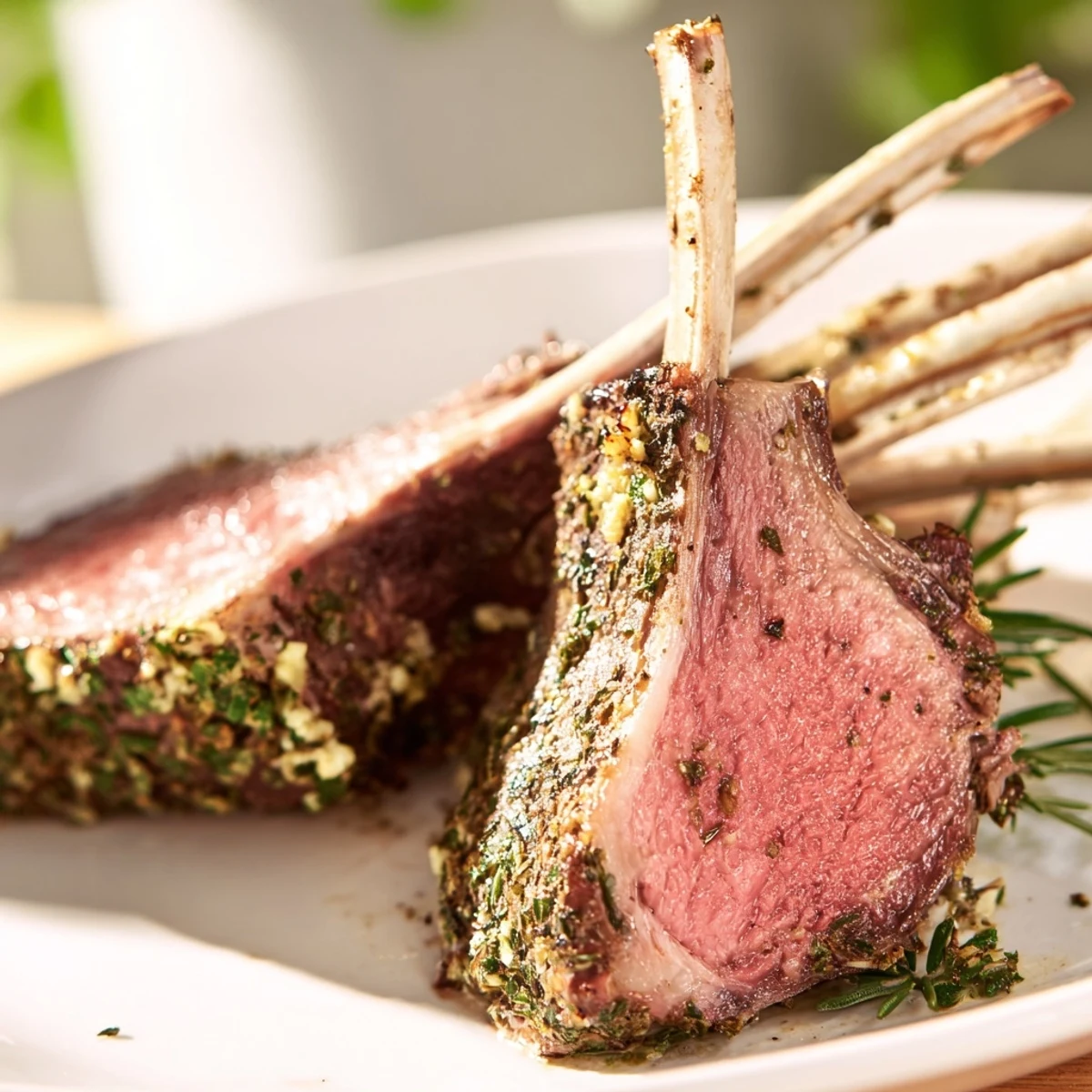 Sliced Herb Crusted Rack of Lamb served with roasted vegetables and lemon wedges on a white plate.