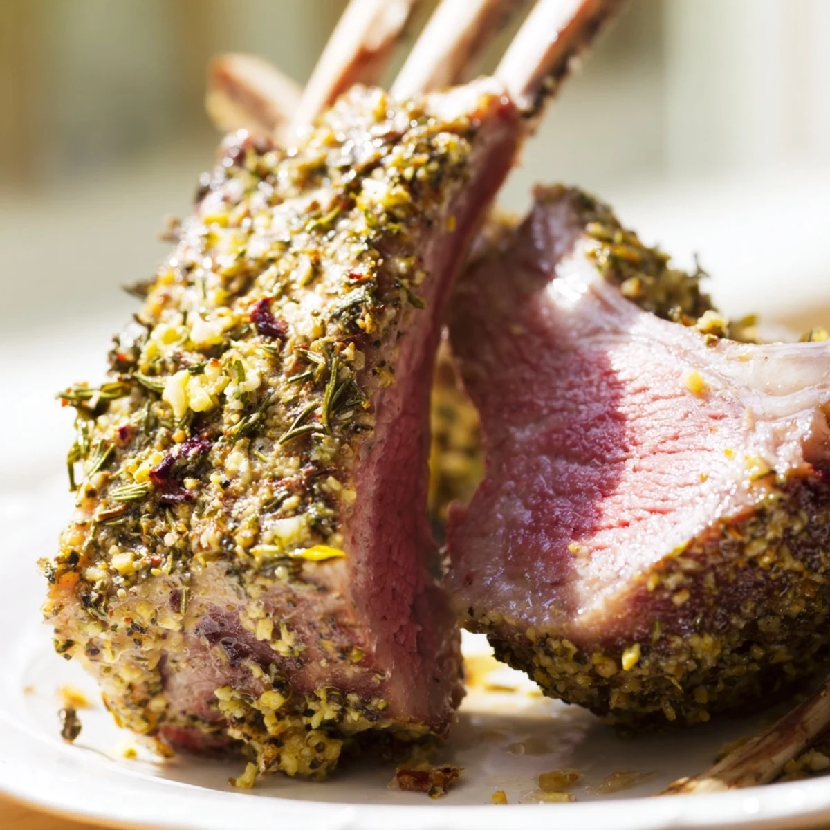 A juicy Herb Crusted Rack of Lamb brushed with tangy mustard and herbs, ready to be sliced.