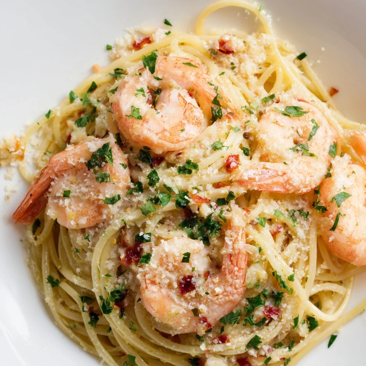 A close-up of Garlic Butter Shrimp Pasta highlights plump pink shrimp, minced garlic, and chili flakes, ready to be served with lemon wedges.