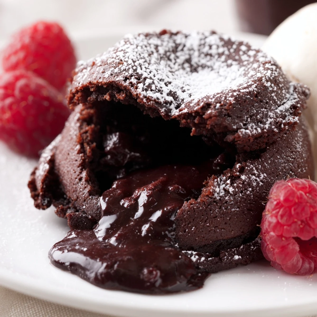 A spoon breaks into a warm Chocolate Lava Cakes with Molten Center, revealing rich, gooey chocolate paired with vanilla ice cream.