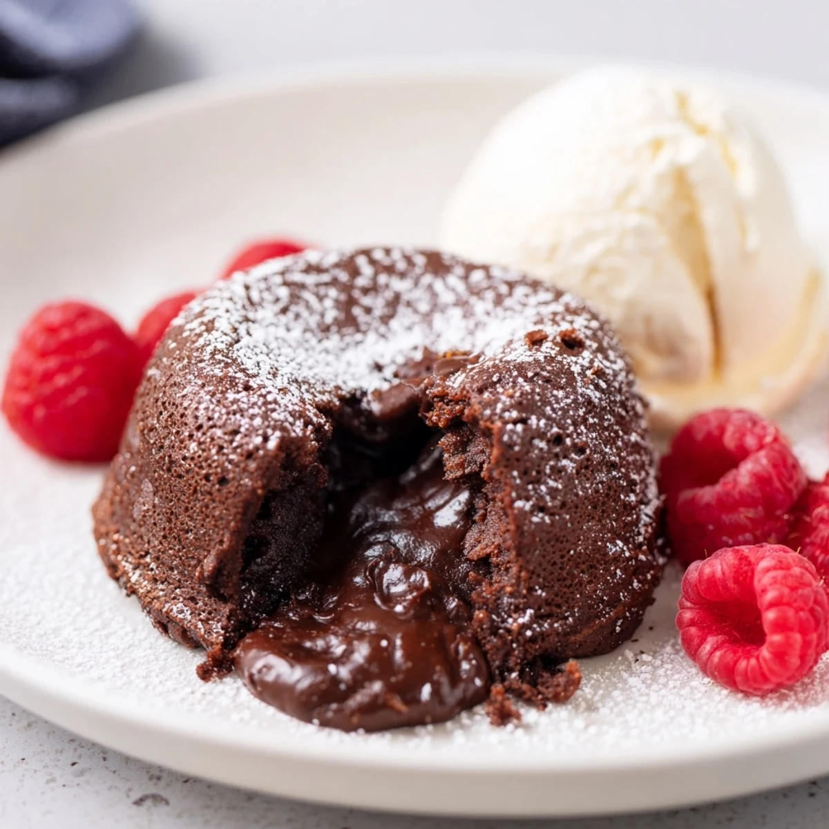 Four ramekins of Chocolate Lava Cakes with Molten Center are plated with fresh raspberries and strawberries for an elegant dessert.