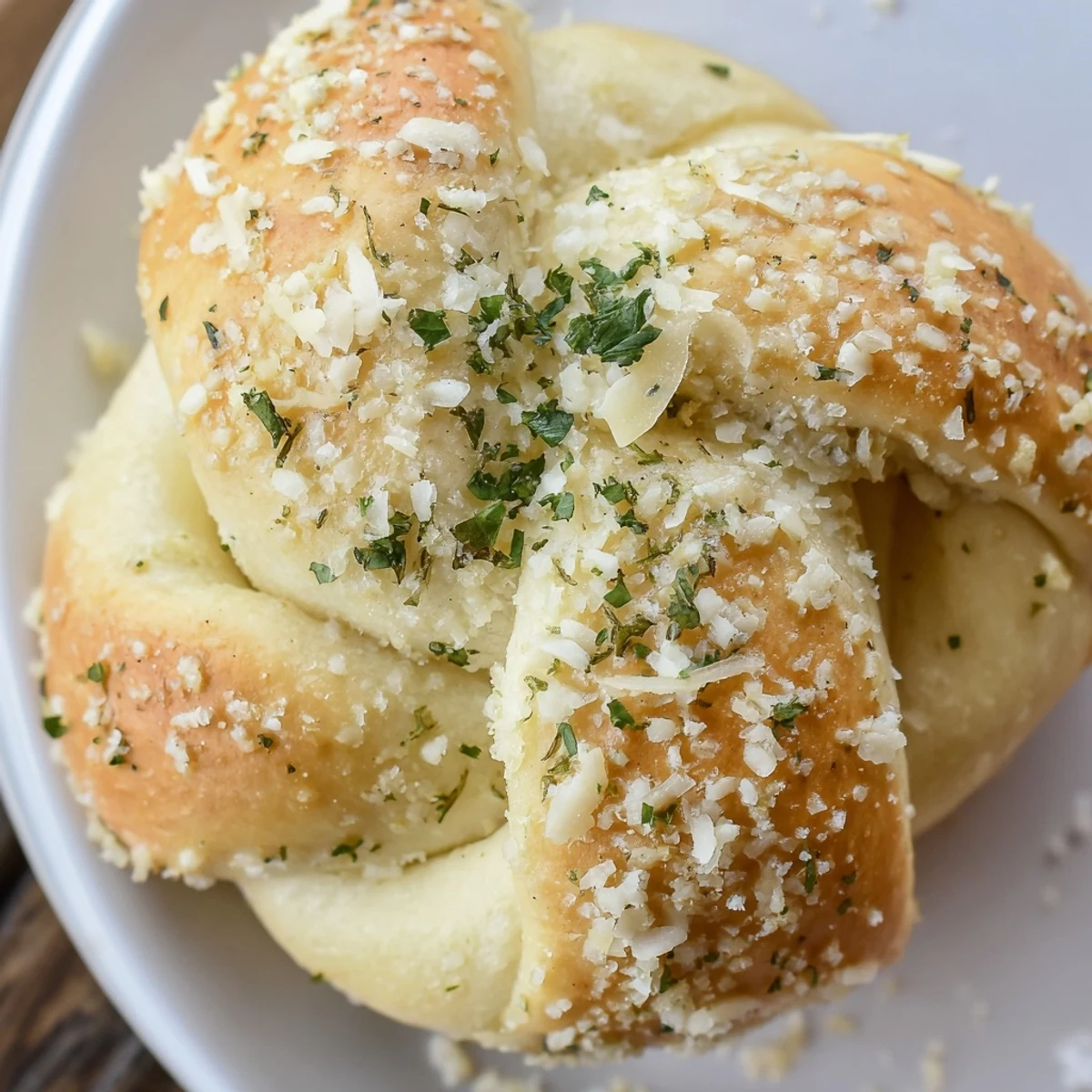 A close-up of one soft Garlic Parmesan Dough Knot torn open, revealing its fluffy interior and melted Parmesan topping.