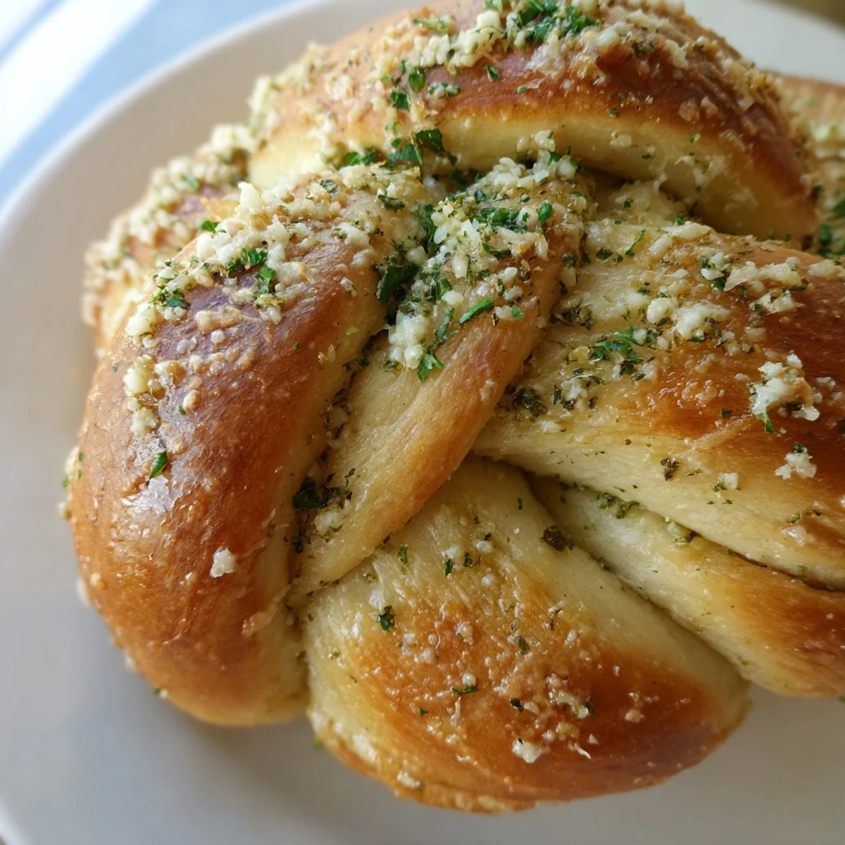 Garlic Parmesan Dough Knots served on a white plate with a small bowl of rich marinara sauce for dipping.
