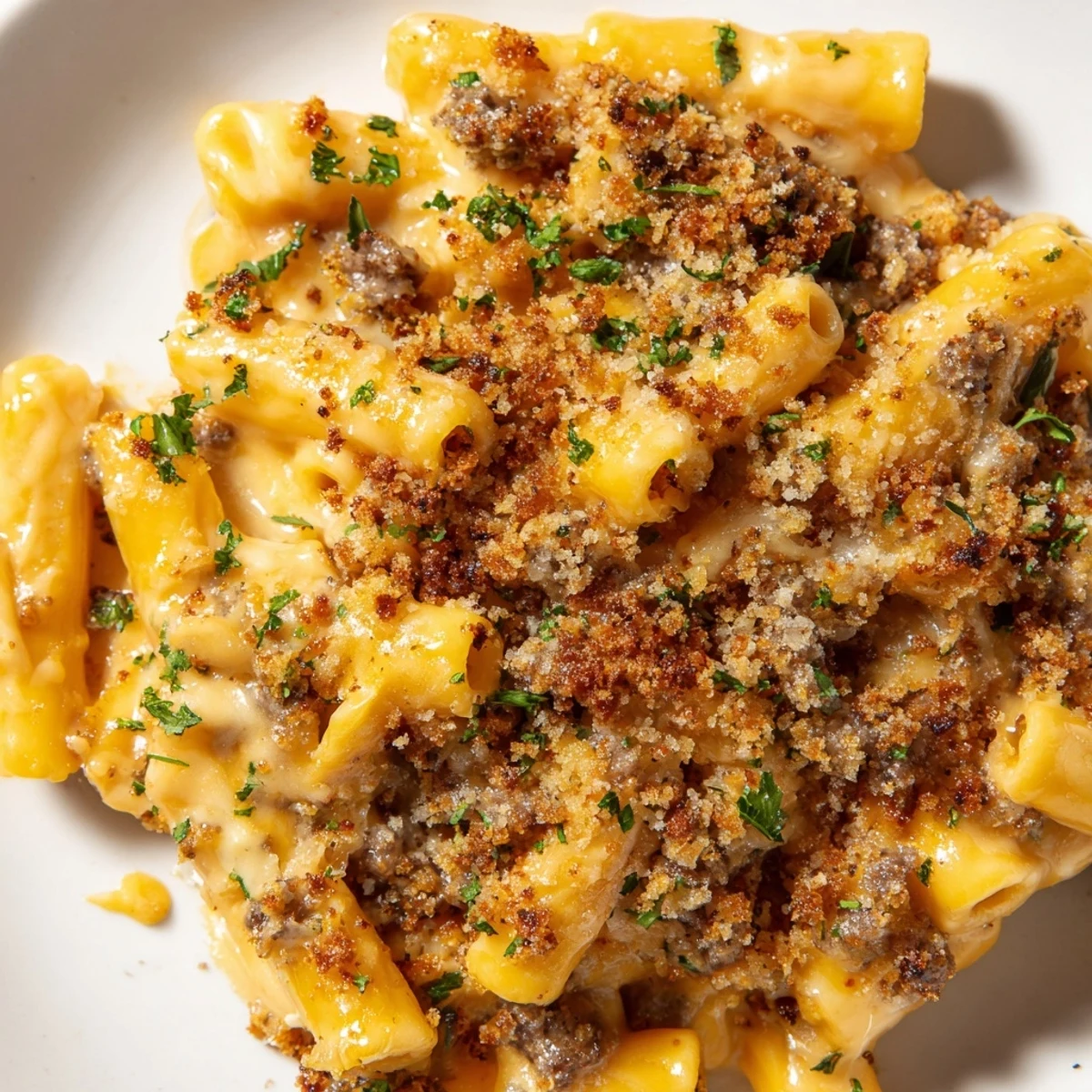 Creamy Macaroni and Cheese with Bacon Beef baked golden and bubbling in a casserole dish.