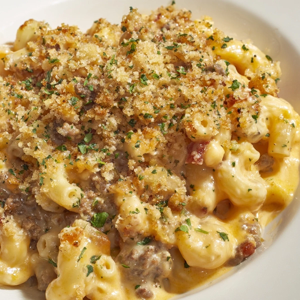 Spoonful of Creamy Macaroni and Cheese with Bacon Beef showing layers of pasta, meat, and cheese.