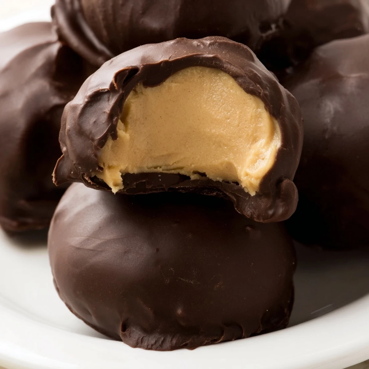 Chocolate Peanut Butter Buckeyes displayed on a rustic wooden board with extra chopped peanuts and chocolate drizzle for garnish.