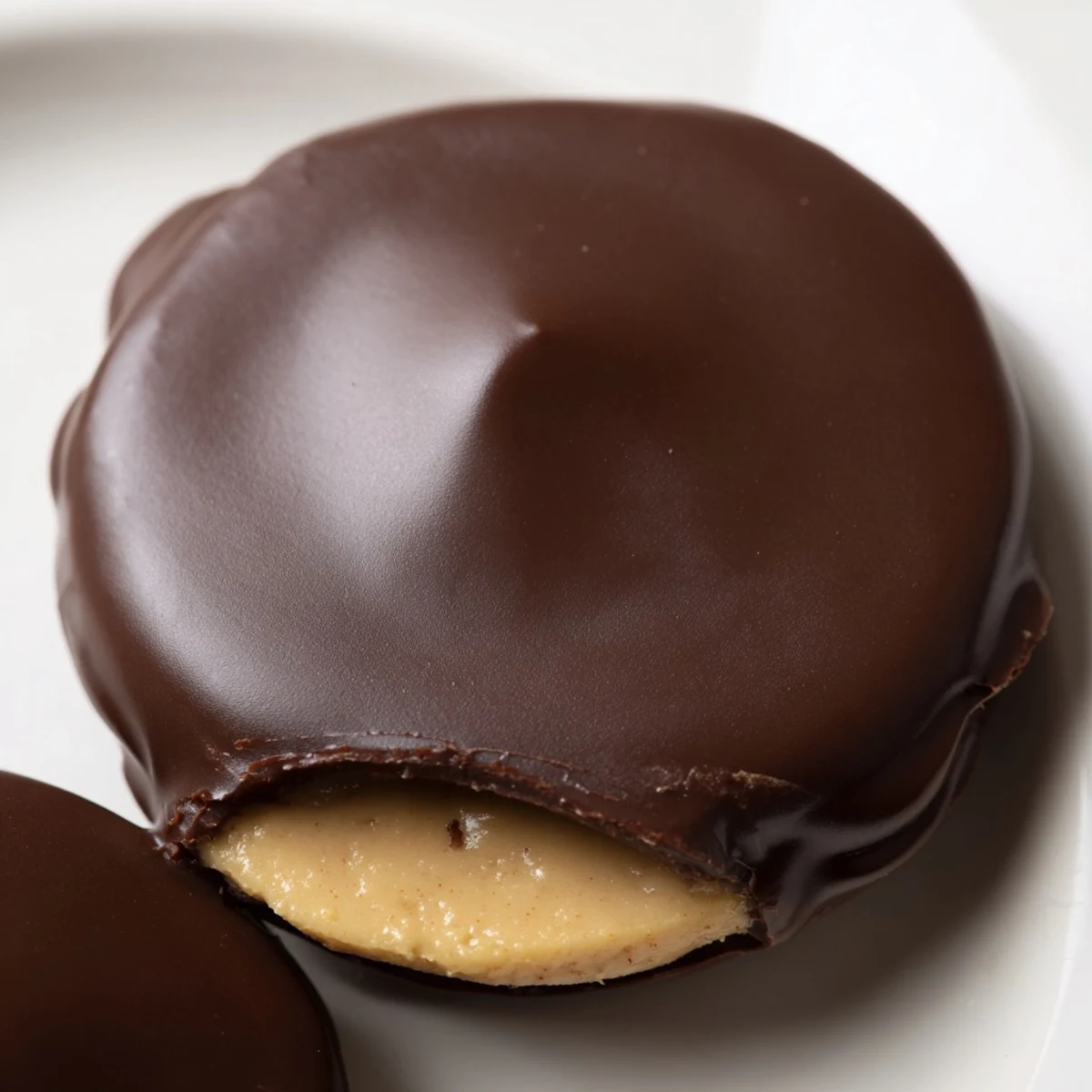Overhead view of Chocolate Peanut Butter Buckeyes arranged on a white plate, perfect for a holiday dessert platter or sweet snack.