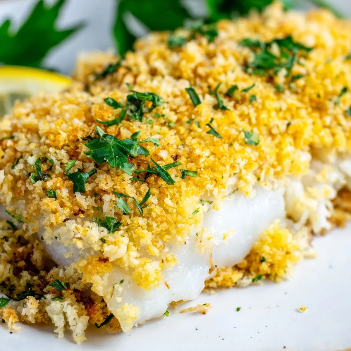 Freshly baked Baked Cod with Breadcrumb Topping features a crispy parmesan crust and tender flakes.