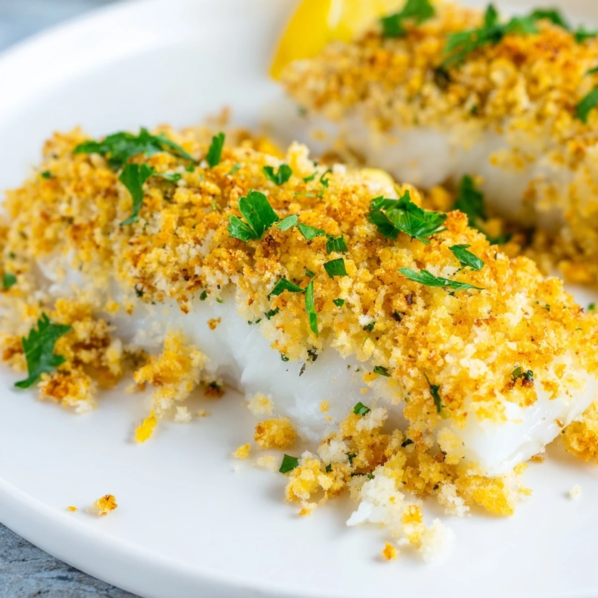 Golden brown Baked Cod with Breadcrumb Topping rests on a white plate with lemon wedges.