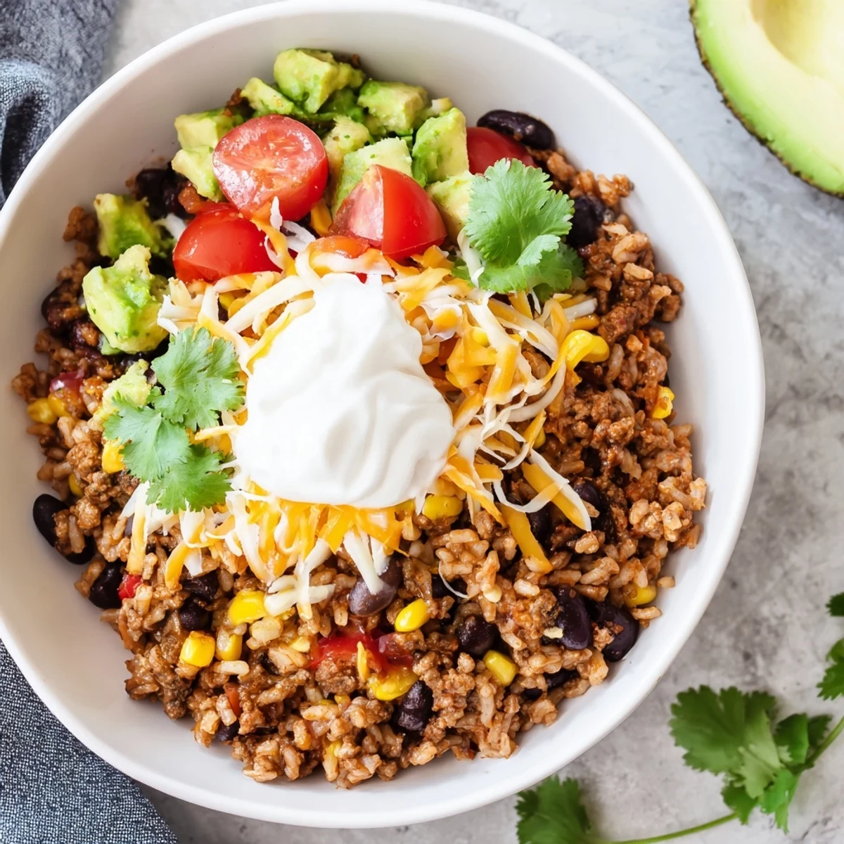 Ready-to-serve Beef Burrito Bowl featuring seasoned beef, fresh lettuce, cherry tomatoes, and a lime wedge for zesty flavor.
