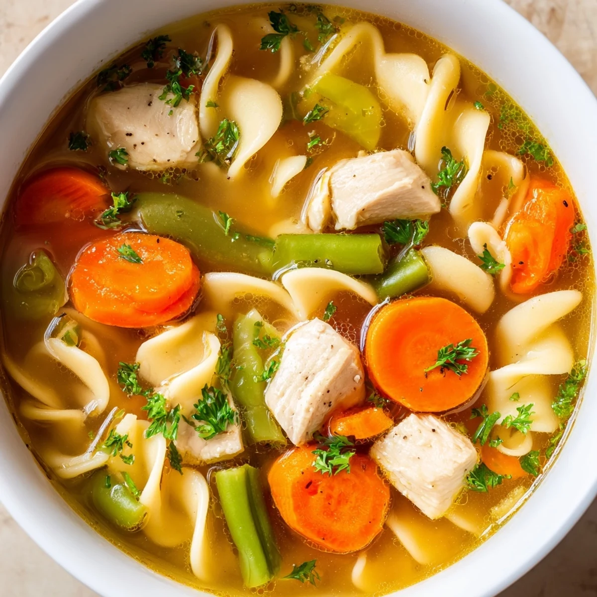 Steamy bowl of Chicken Vegetable Soup with Noodles featuring tender chicken and fresh garden vegetables in savory broth.