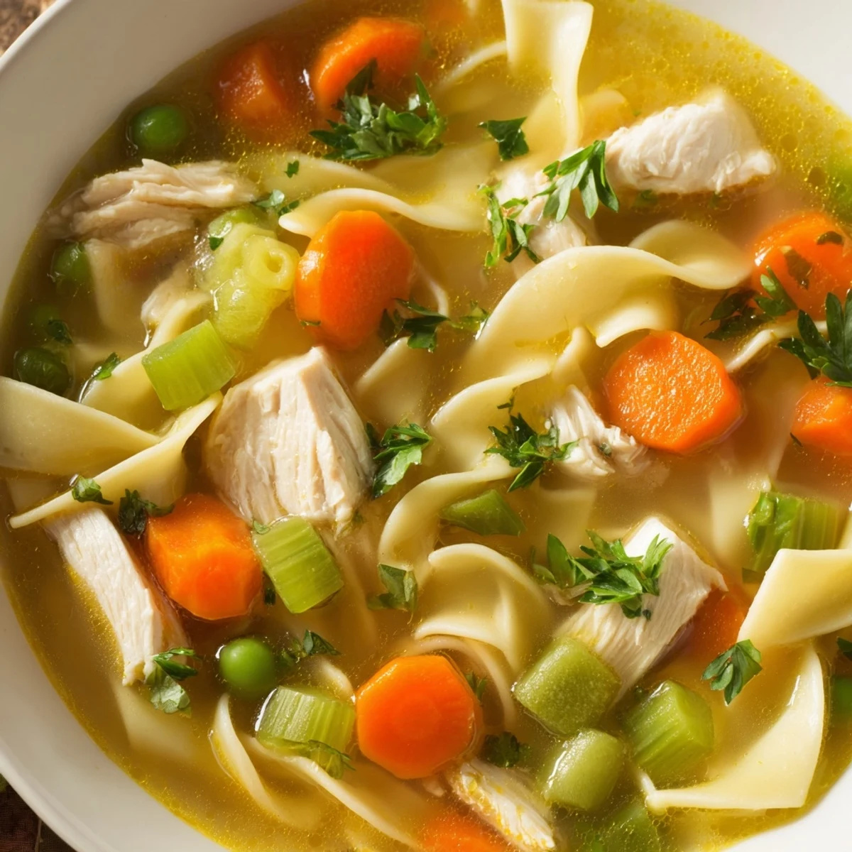 Close-up of Chicken Vegetable Soup with Noodles, highlighting bright carrots, celery, and herbs in rich broth.