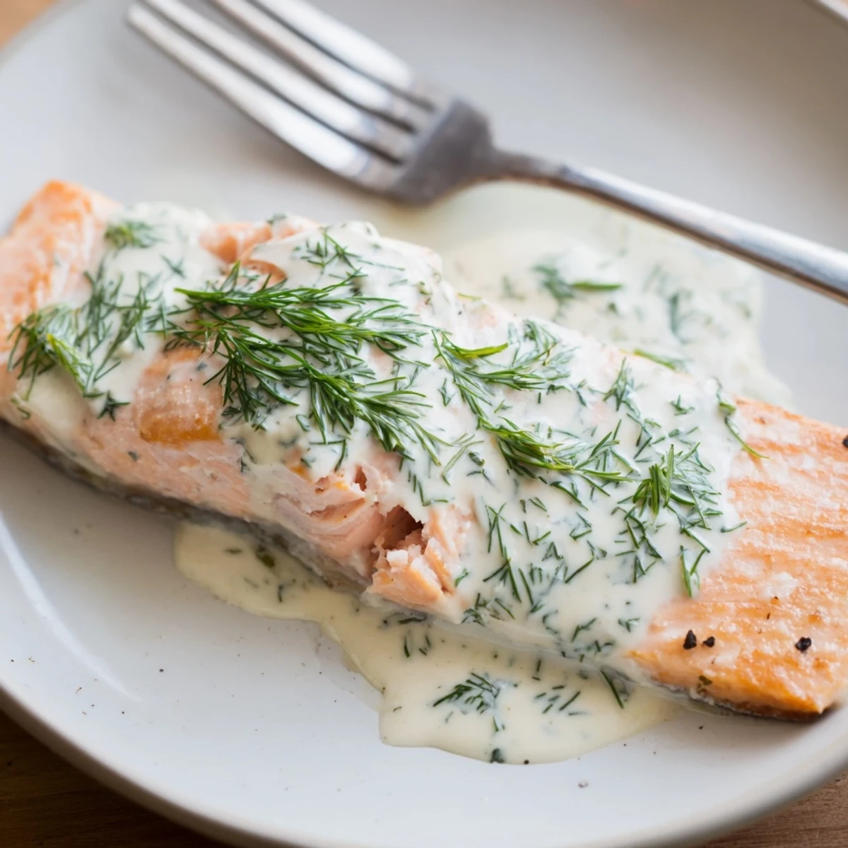 Golden-brown Baked Salmon with Lemon Dill Sauce fillets fresh from the oven, garnished with lemon wedges on a rustic serving platter.
