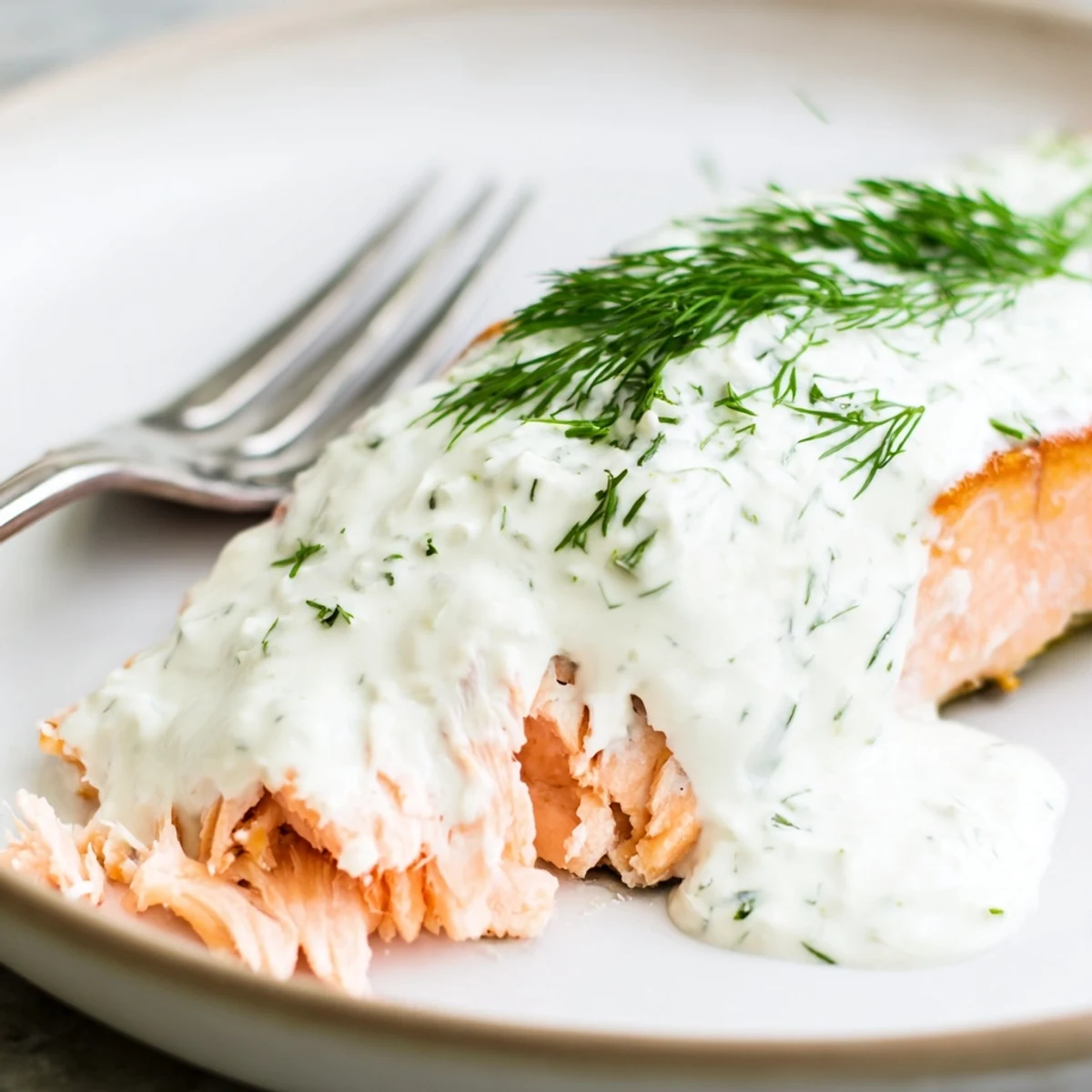 Spoonful of creamy lemon dill sauce being drizzled over tender, flaky salmon fillets in a white ceramic bowl.