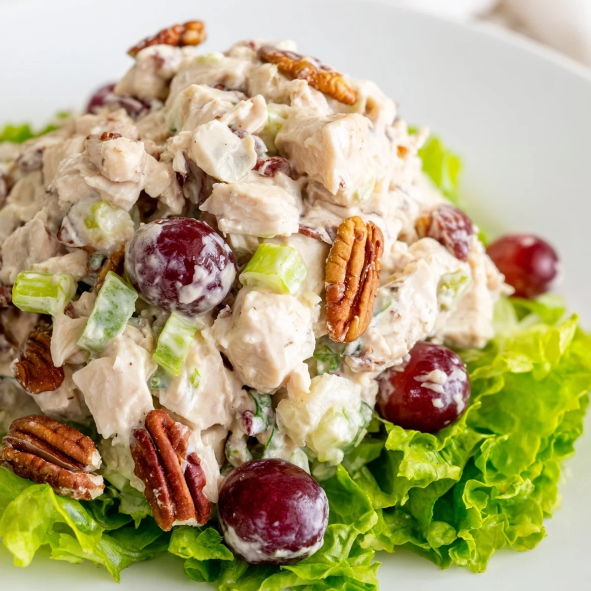 Creamy Chicken Salad with Pecans served on crisp mixed greens in a white bowl.