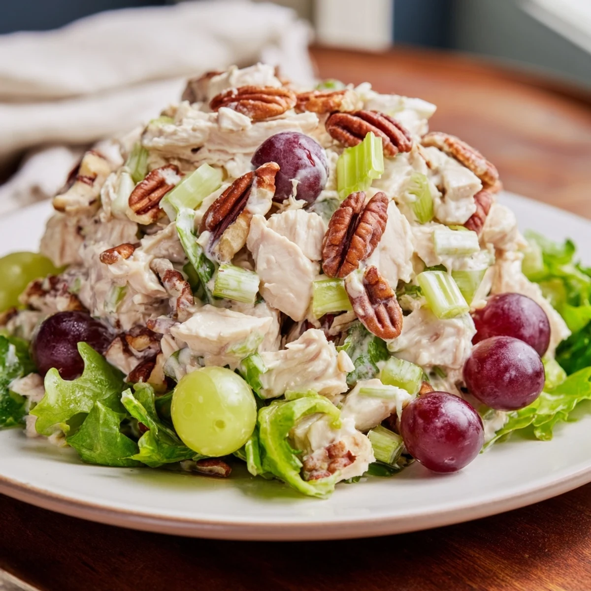 Homemade Chicken Salad with Pecans and celery prepared in a mixing bowl, ready to serve.