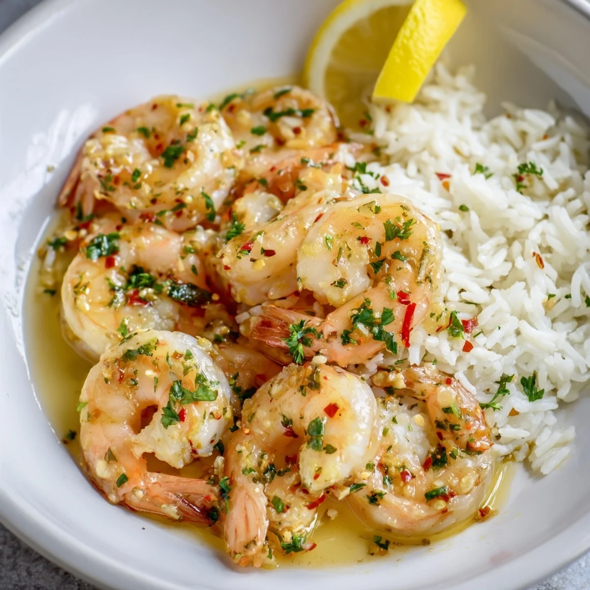 Bright Lemon Garlic Shrimp nestled on fluffy white rice with fresh parsley and lemon wedges.