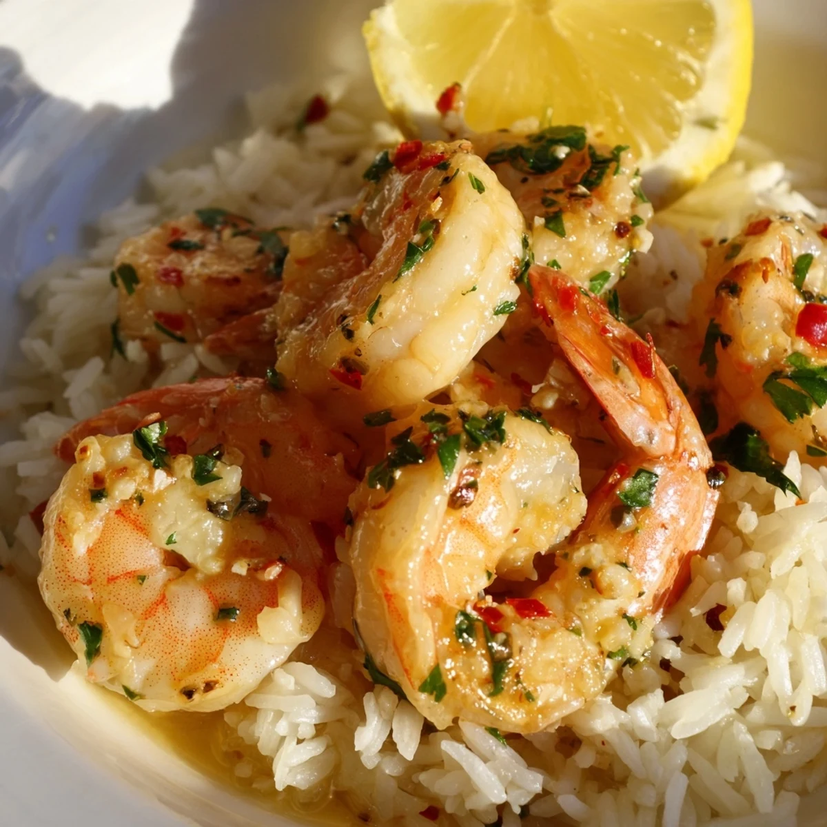 Steamy fluffy white rice topped with sizzling Lemon Garlic Shrimp in a rich buttery lemon sauce.