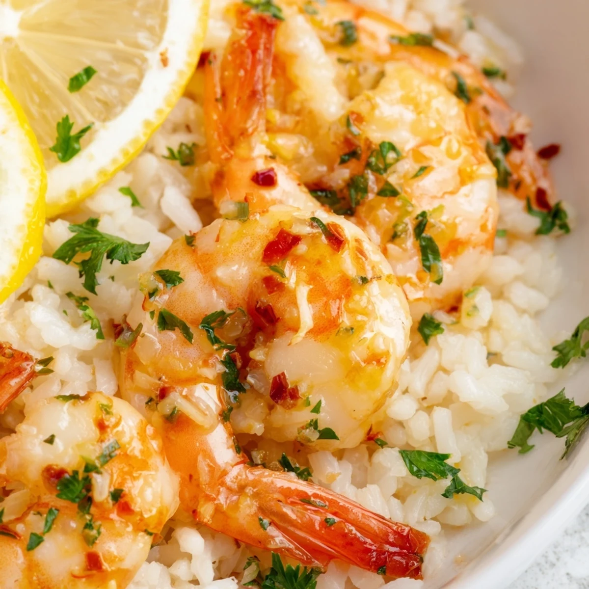 Golden sautéed Lemon Garlic Shrimp over steamed rice, garnished with chopped parsley and lemon zest.