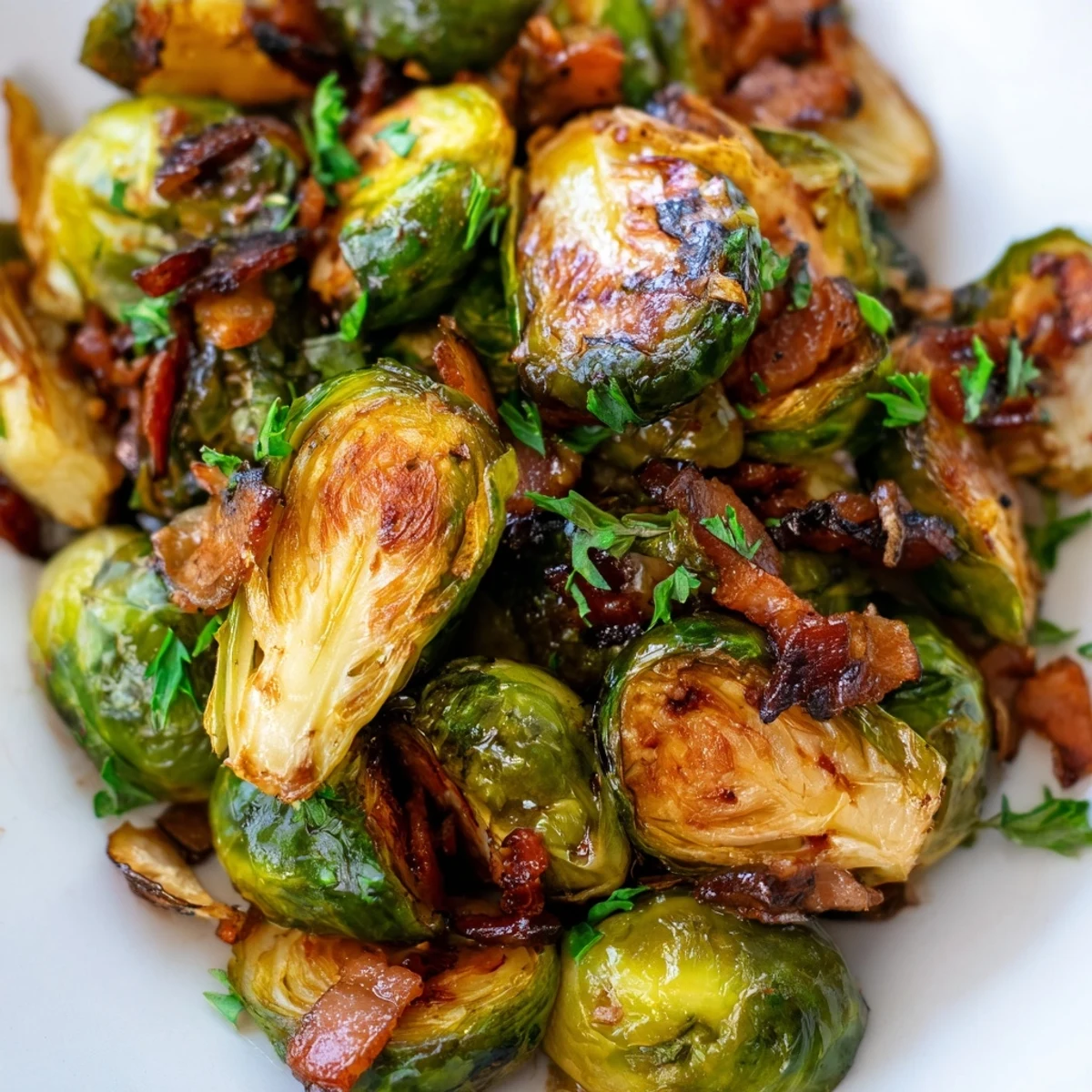 Golden Roasted Brussels Sprouts with Turkey Bacon tossed with fresh parsley on a rustic serving platter.