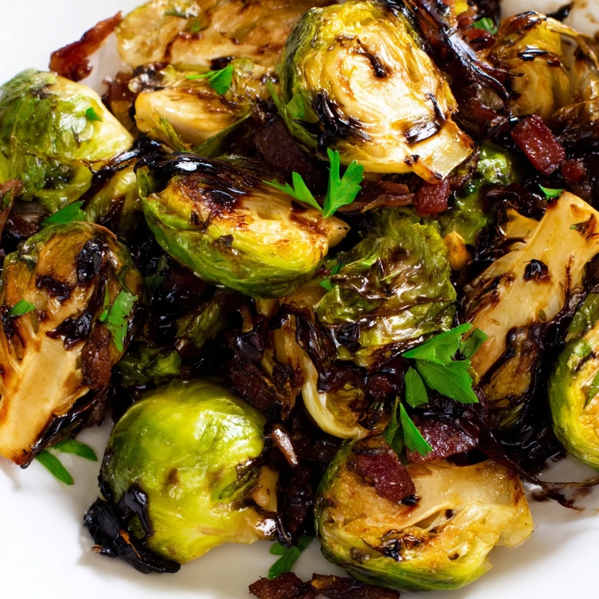 Roasted Brussels Sprouts with Turkey Bacon served hot and golden from the oven with balsamic drizzle.