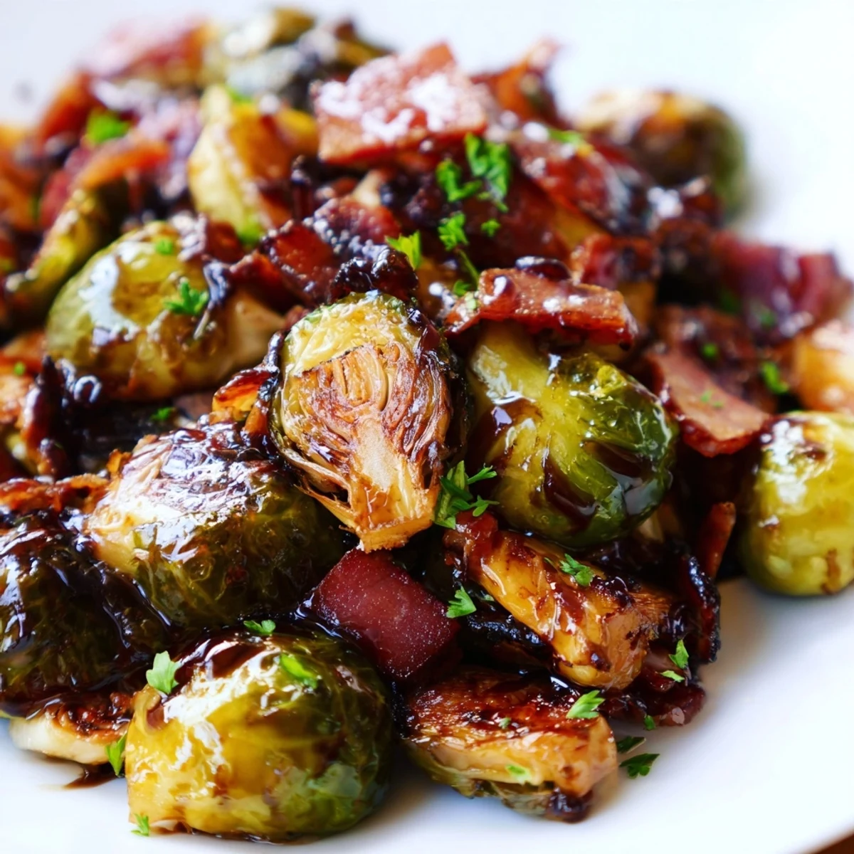 Savory Roasted Brussels Sprouts with Turkey Bacon paired with sliced turkey bacon for a gluten-free side dish.