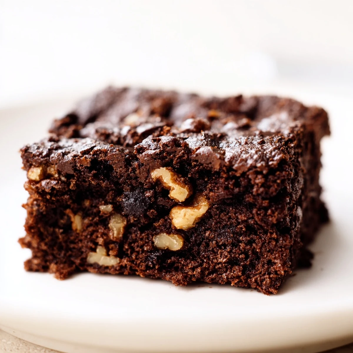 Freshly baked Chocolate Brownies with Walnuts cut into squares on parchment paper, showing a fudgy crumb and glossy chocolate ganache topping.