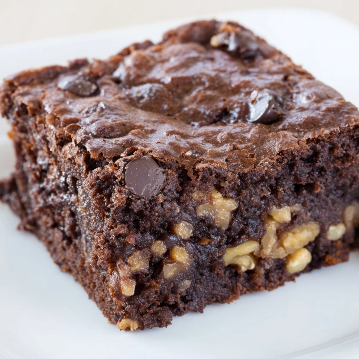 Close-up of a hand holding a rich Chocolate Brownie with Walnuts, highlighting the dense, fudgy texture and crunchy nut pieces.
