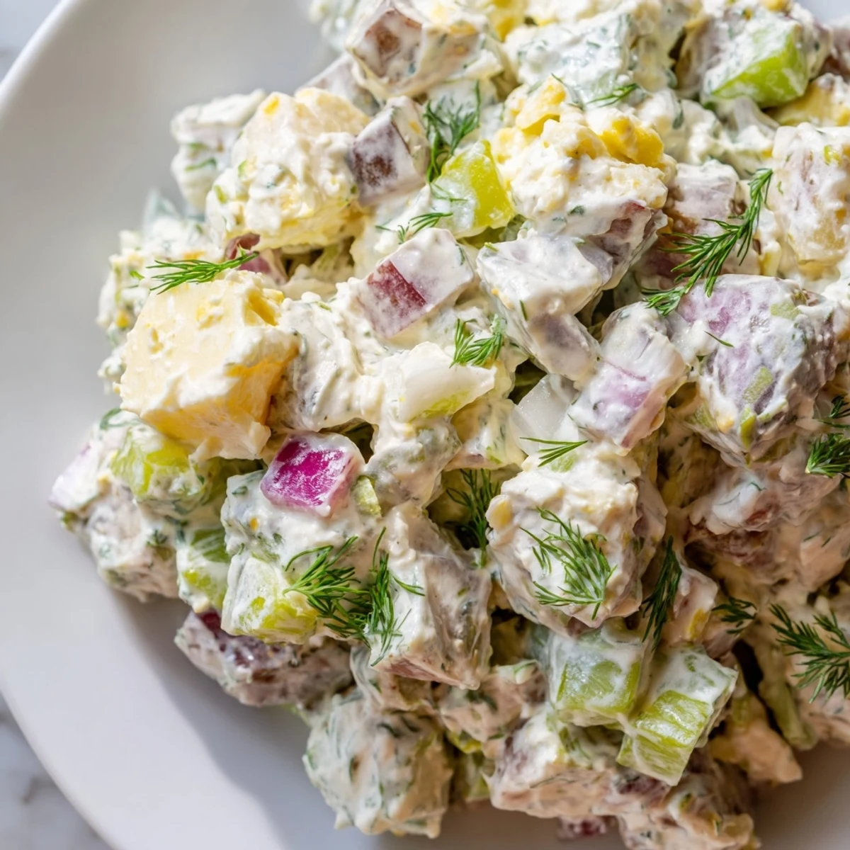 Creamy Potato Salad with Dill in a glass bowl with fresh herbs, paired with grilled chicken.