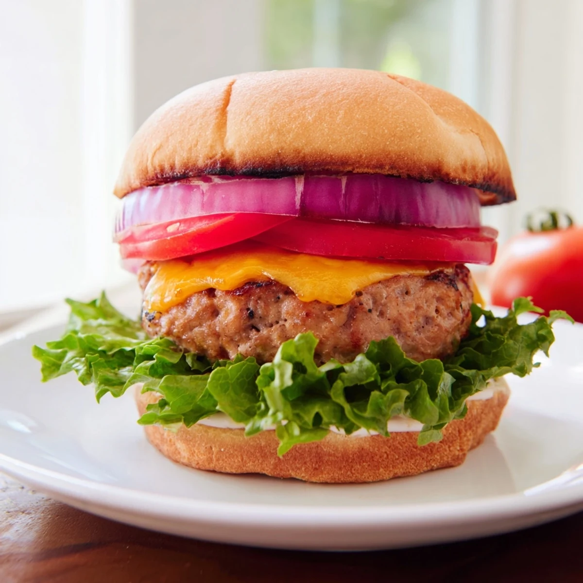 Freshly cooked turkey burger with cheese sizzling in a skillet, melted cheddar draped over the juicy patty.