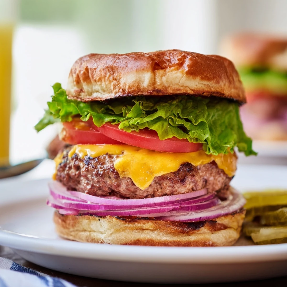 Golden-brown turkey burger with cheese on a soft bun, garnished with red onion slices and a side of fries.